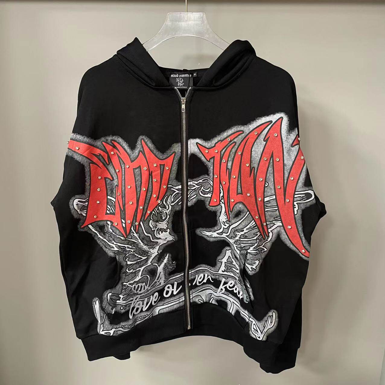 潮牌MIXED EMOTION烫钻字母连帽卫衣欧美INS同款宽松休闲拉链外套