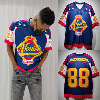 复古UND欧美街头嘻哈橄榄球原宿字母宽松BF风潮牌T恤男女网眼球衣