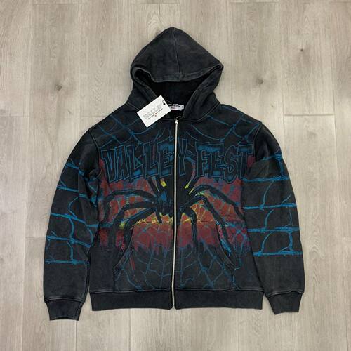 潮牌Vale Big Widow Zip Up Hoodie欧美街头潮蜘蛛网开衫卫衣