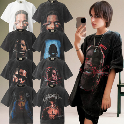 TRAVIS SCOTT人像印花美式复古短袖VINTAGE西海岸嘻哈风做旧T恤潮