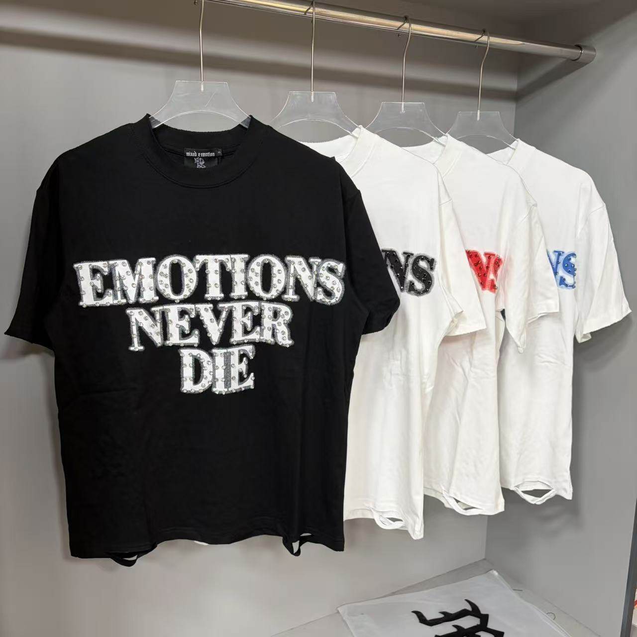 MIXED EMOTION美潮复古钻石字母印花宽松休闲磨破做旧短袖T恤ins