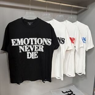 MIXED EMOTION美潮复古钻石字母印花宽松休闲磨破做旧短袖T恤ins