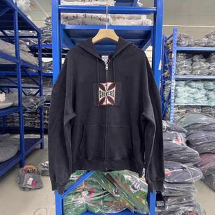 West Coast Choppers 25SS铁十字Remake设计拉链洗水做旧帽衫卫衣