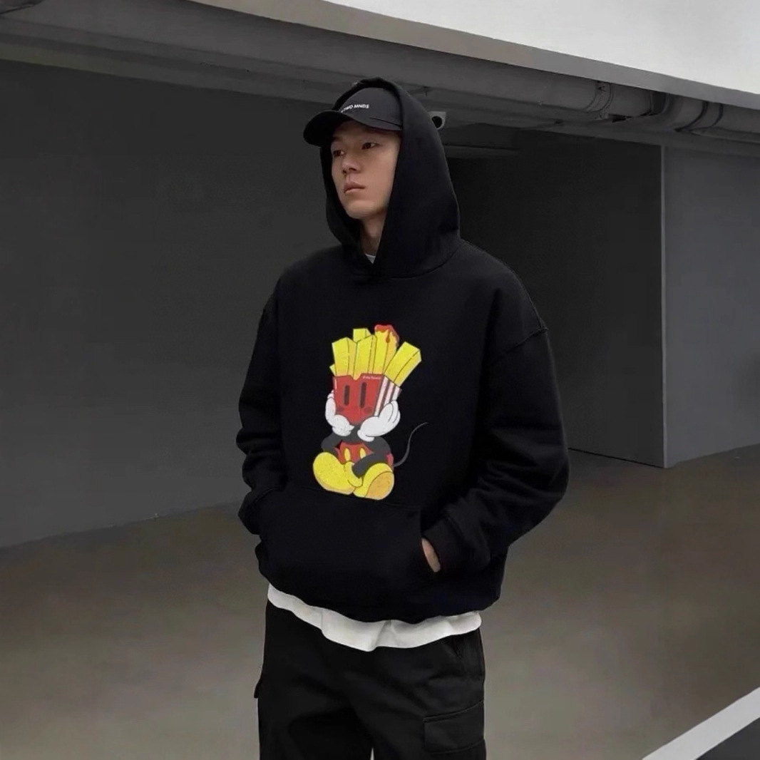 Purey 24SS薯条米奇卡通Vintage做旧破坏连帽衫卫衣男女同款潮牌