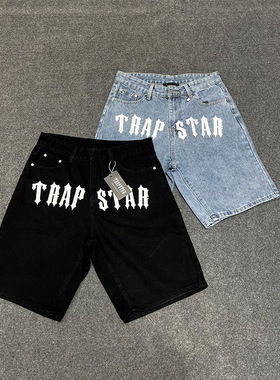 潮牌Trapstar简约字母印花宽松休闲牛仔短裤男女百搭直筒五分裤