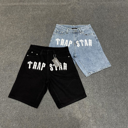 潮牌Trapstar简约字母印花宽松休闲牛仔短裤男女百搭直筒五分裤