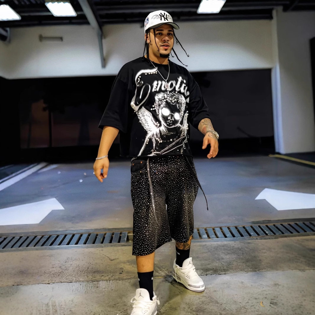 高版本MIXED EMOTION阴影天使珍珠装饰西海岸美式嘻哈潮流短袖T恤