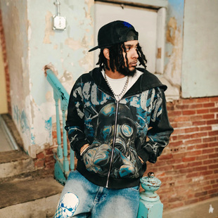 美潮MIXED EMOTION嘻哈复古印花宽松休闲水洗做旧开衫连帽外套ins