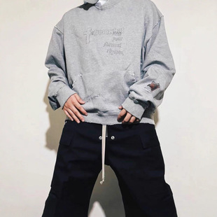 Far archive 韩系做旧破洞脏染标语涂鸦复古连帽衫卫衣男女款高街