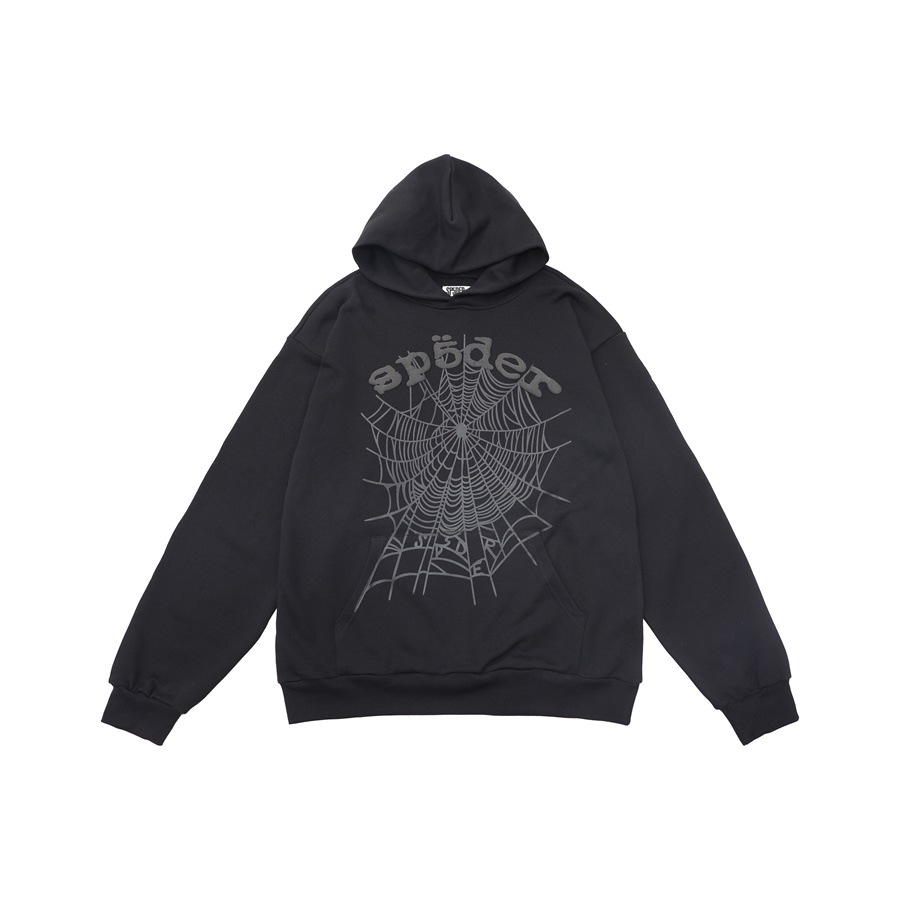Sp5der OG Web Studded Zip Hoodie黑灰蜘蛛网铆钉拉链卫衣帽衫
