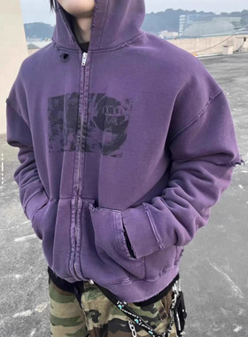 FARFROMWHAT 做旧胸前印花图案袋鼠随性口袋拉链连帽卫衣男女同款