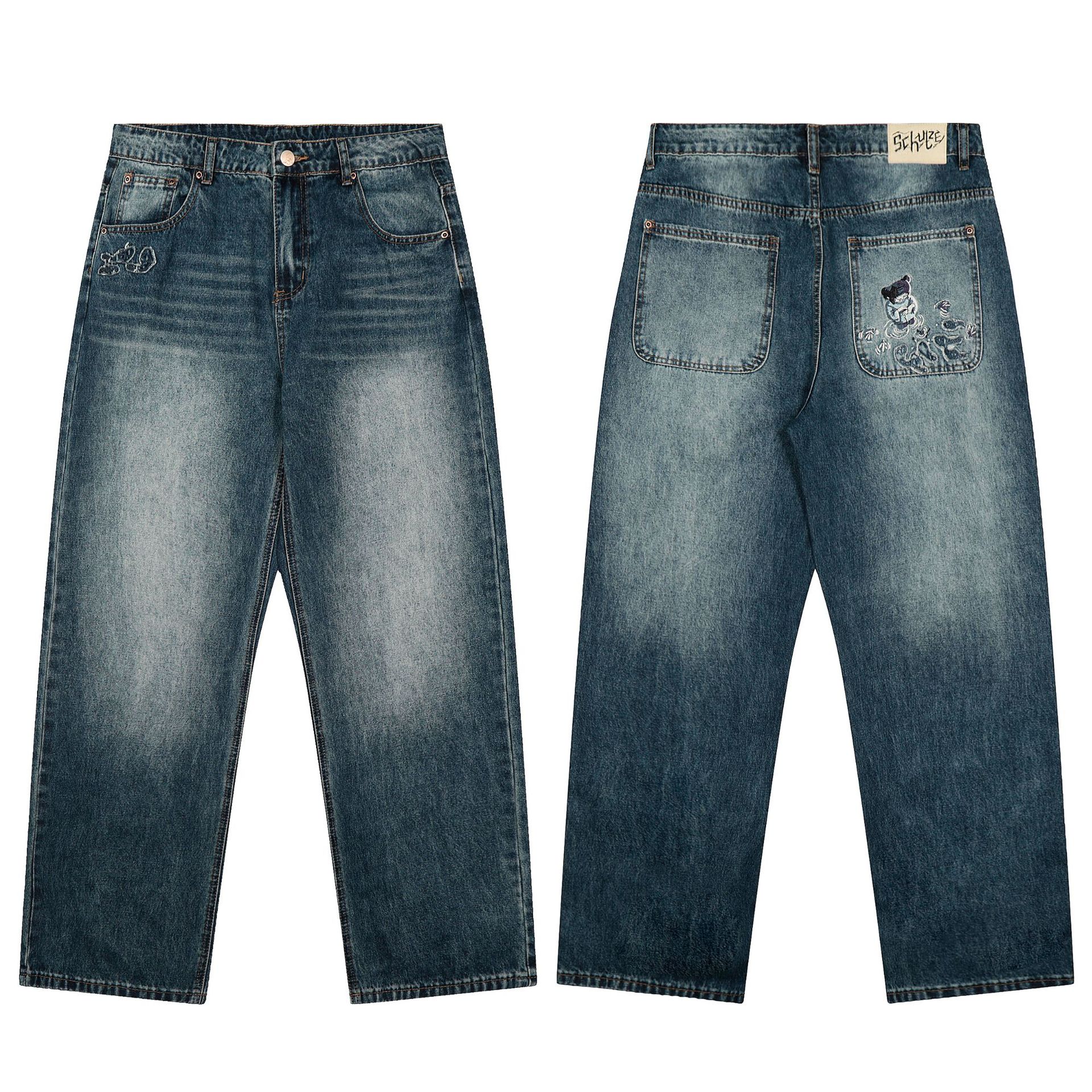 derschutze kOI FISH DENIM鱼塘小熊绣花牛仔裤宽松直筒休闲长裤