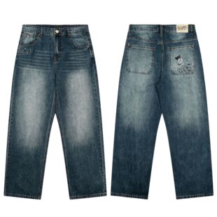 derschutze kOI FISH DENIM鱼塘小熊绣花牛仔裤宽松直筒休闲长裤