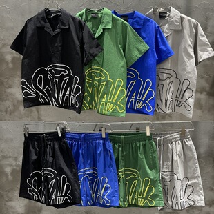 Synaworld美式drip嘻哈潮流字母印花男女衬衫高街宽松五分裤套装