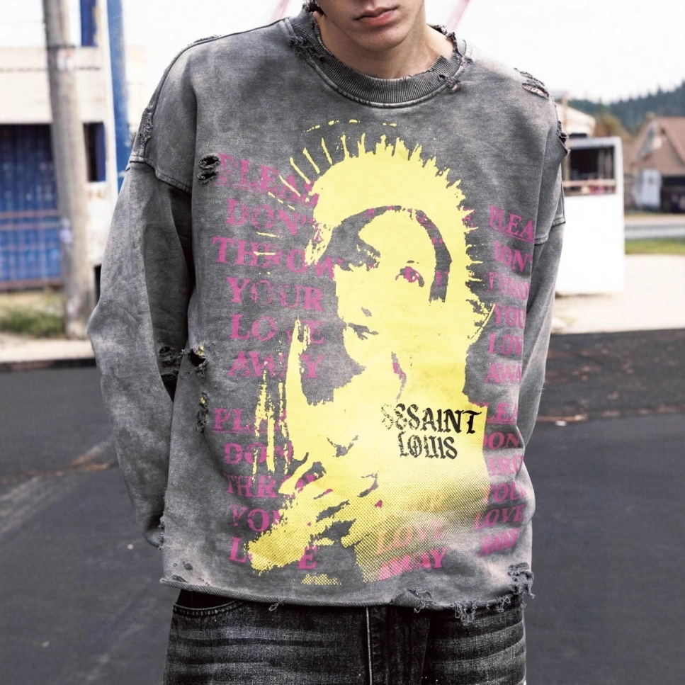 SSSAINT LOUIS 破坏水洗做旧破坏重水洗灰圣女做旧长袖体恤男女款