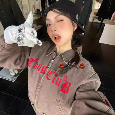 Thugclub联名刺绣水洗牛仔外套男女秋冬季底特律水洗做旧短宽外套