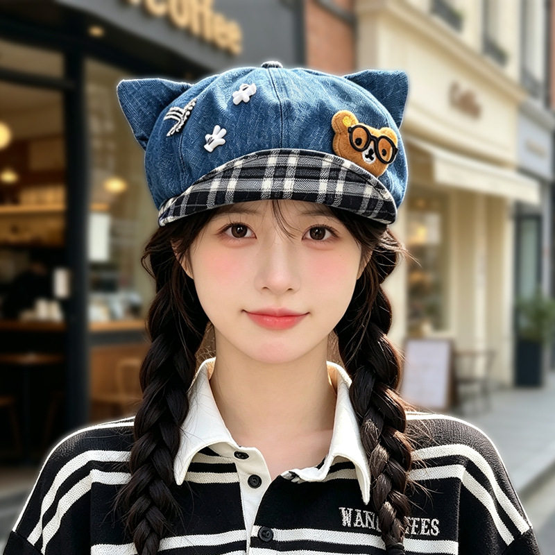 日系甜美可爱小熊鸭舌帽子女秋冬季户外出游百搭显脸小八角贝雷帽