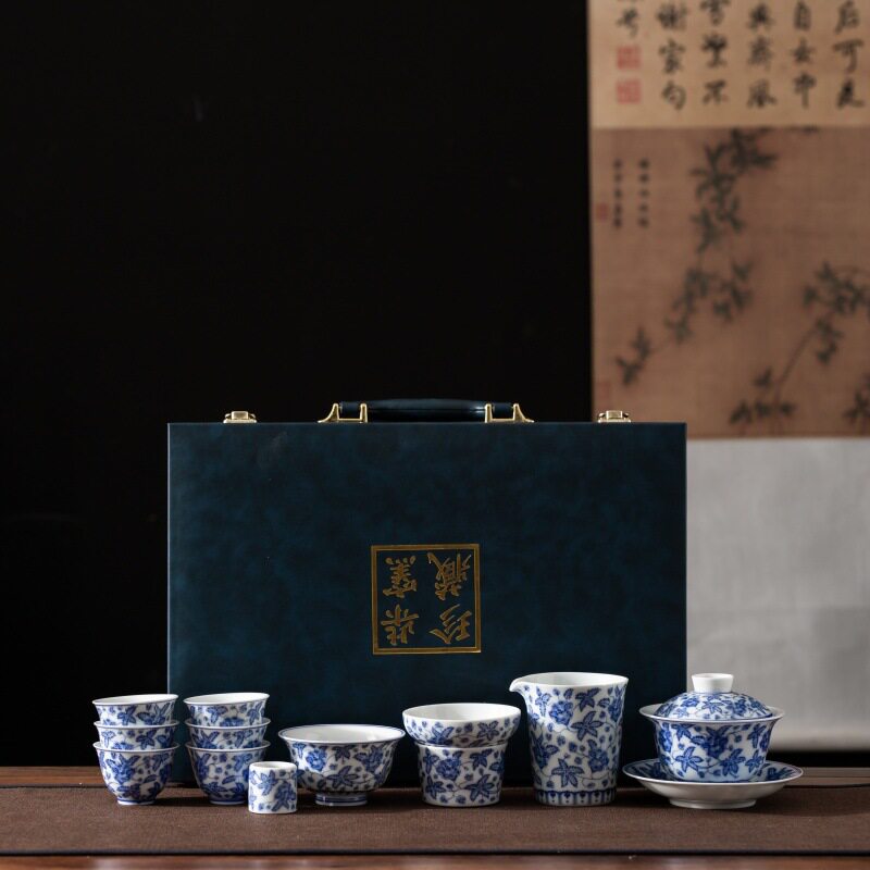 青花秋葵盖碗茶具套装家用整套盖碗三才盖碗办公室会客厅茶具泡茶