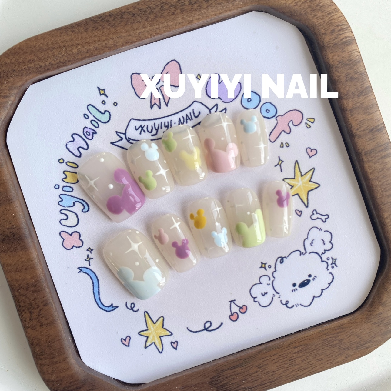 可爱米奇头彩色多巴胺短款穿戴甲成品美甲贴片甲片