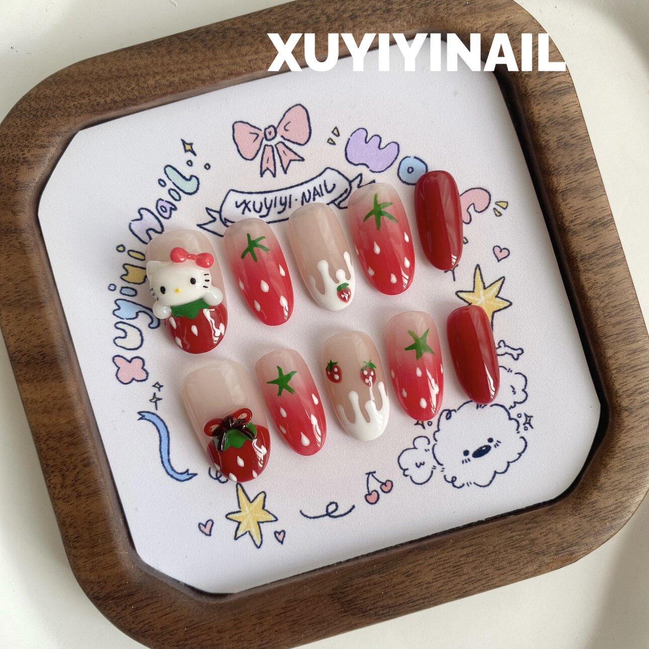 草莓kitty可爱蝴蝶结温柔春天短款穿戴甲成品美甲贴片甲片图片