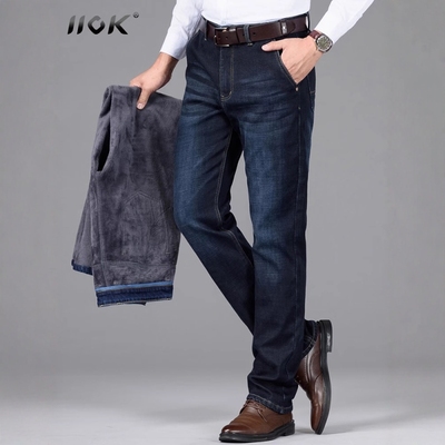 IIOK高端加绒牛仔裤男冬加厚直筒宽松休闲爸爸装中年裤子带绒弹力