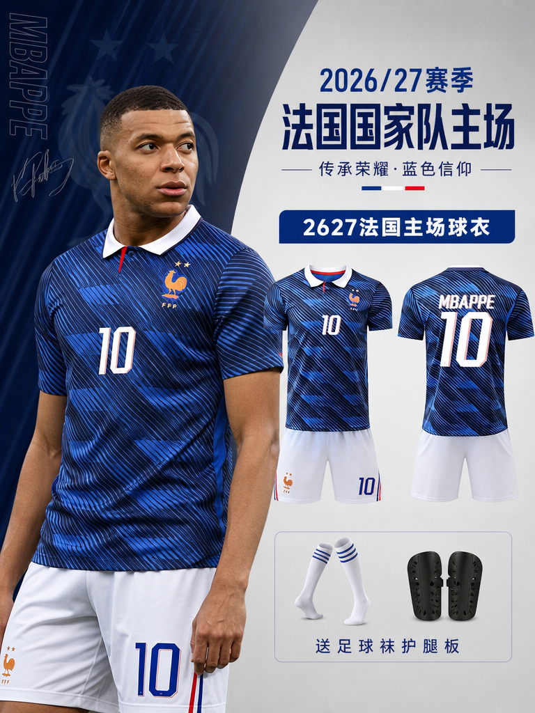 2627 French Team Jersey Mbappe Home Short-Sleeved Kidsren's Sports Suit Game Uniform Men's Custom Football Uniform