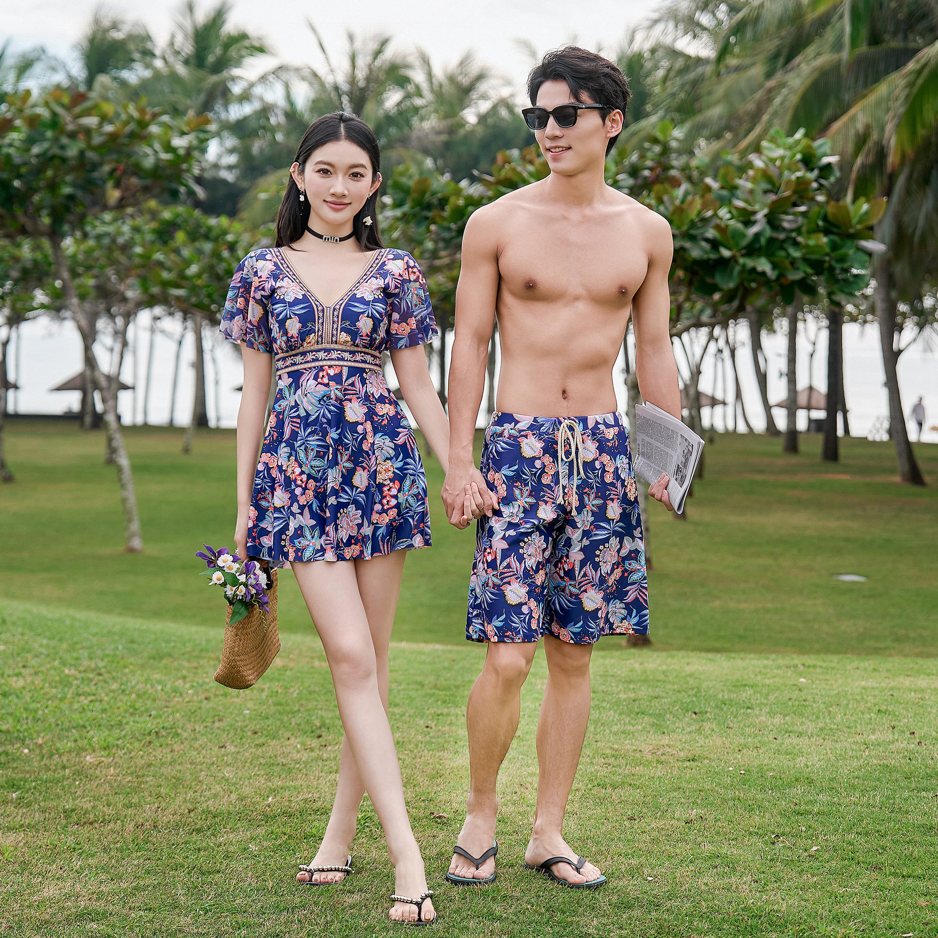 奇海新款大码情侣分体裙式遮肚显瘦钢托聚拢泳衣女温泉沙滩泳裤男