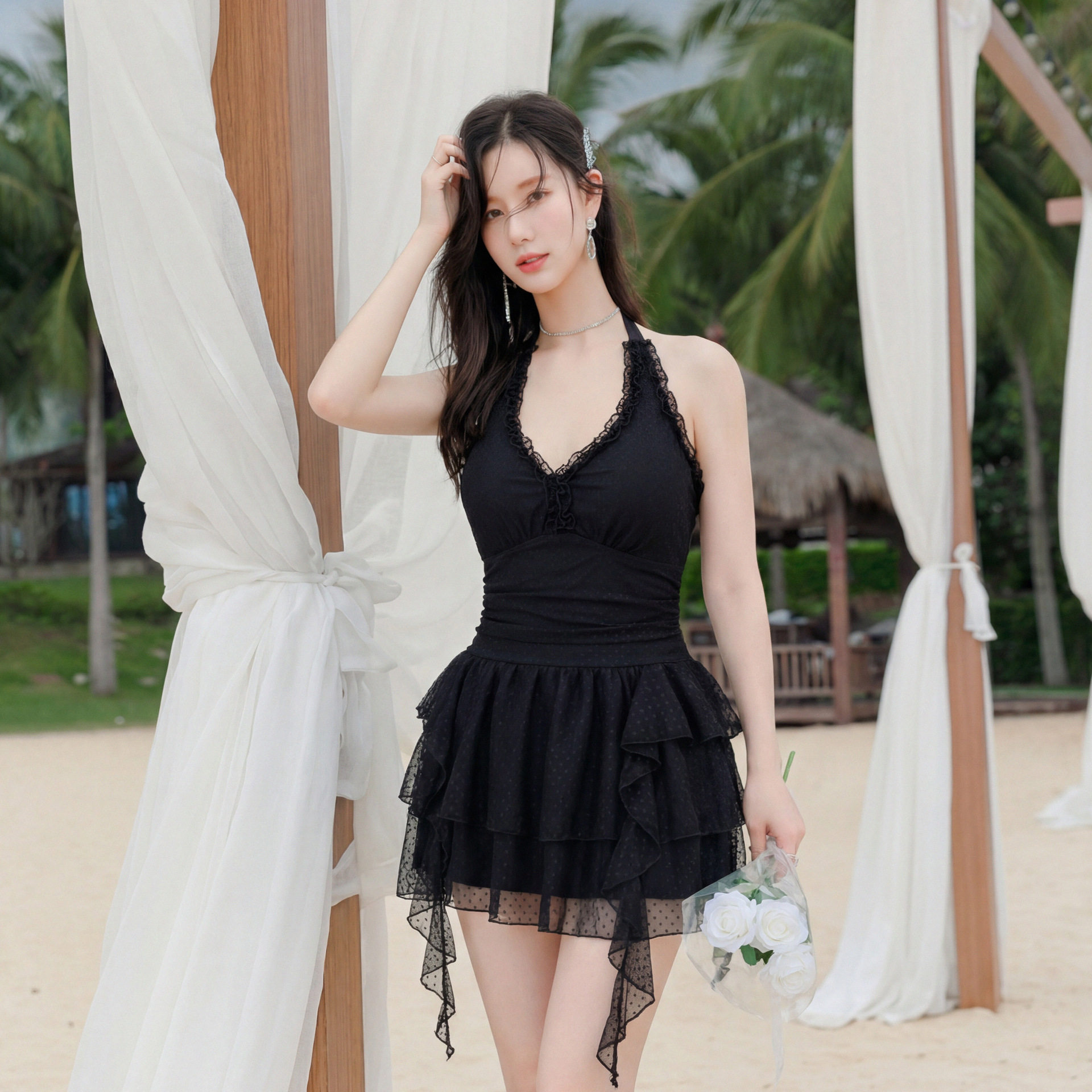 奇海泳衣女纯欲性感露背连体裙式海边度假保守遮肚显瘦泡温泉泳装