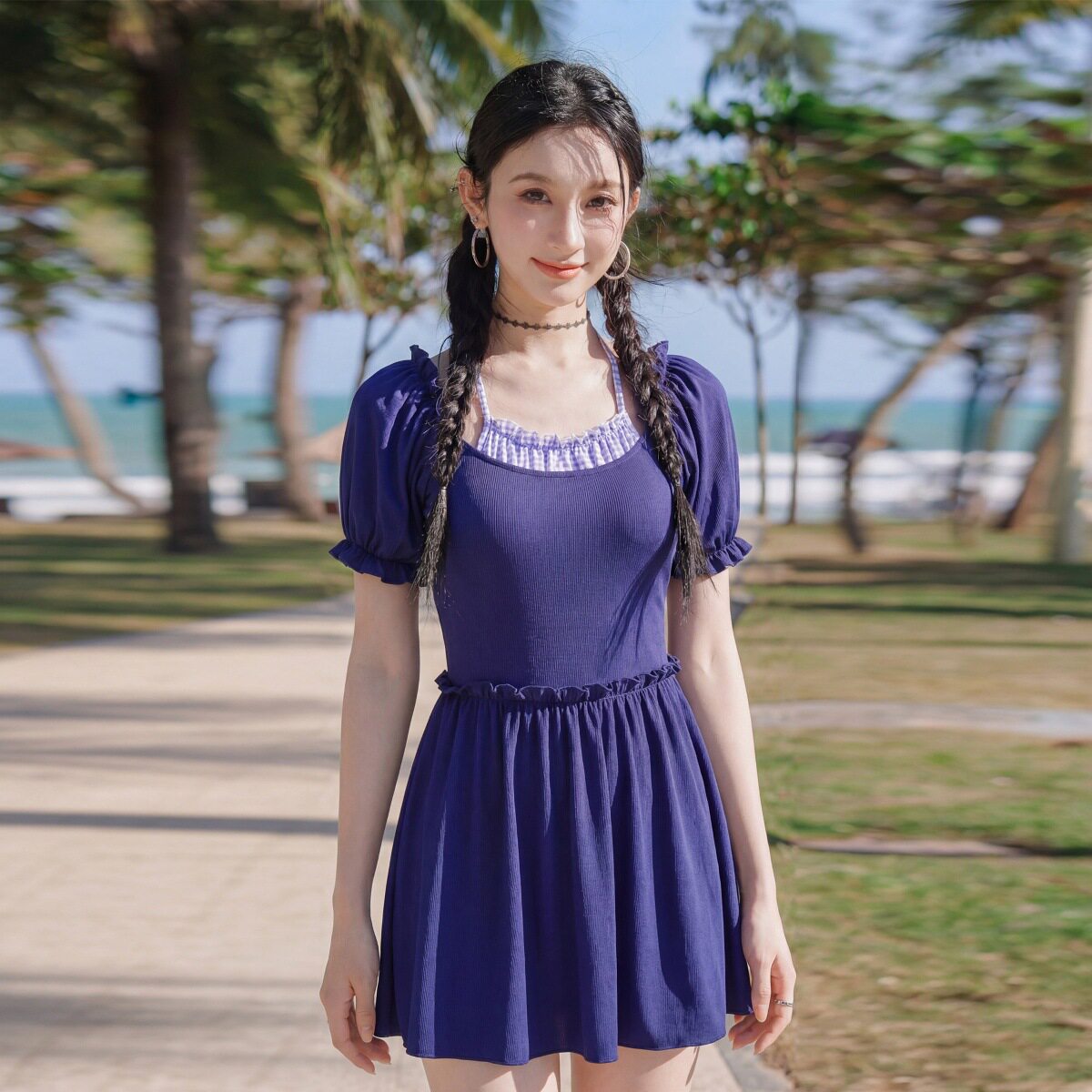 奇海2026新款高级感游泳衣女裙式连体平角泡温泉遮肉显瘦大码泳装