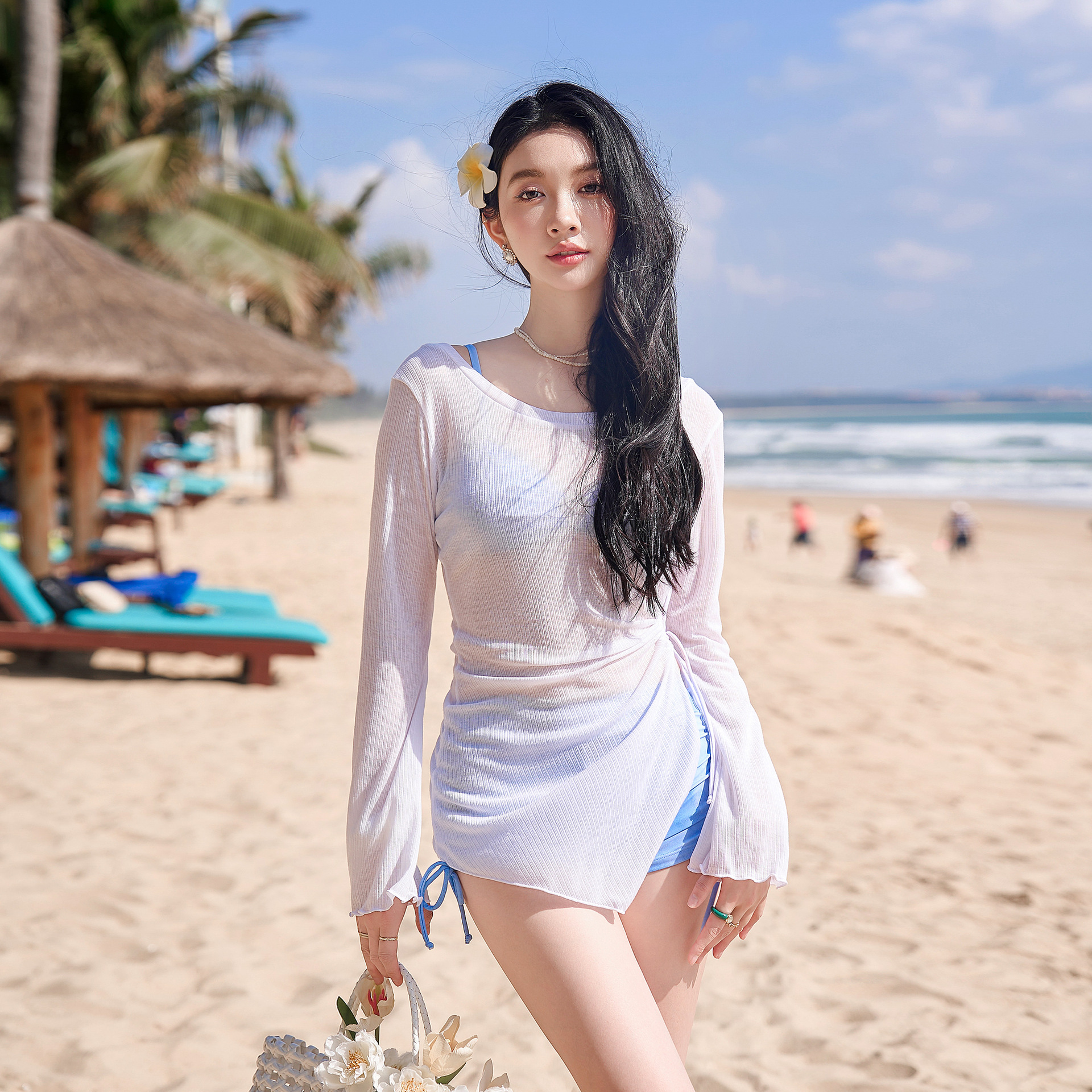 奇海少女小清新分体三件套泳衣长袖平角裤显瘦遮肉泳装度假温泉装