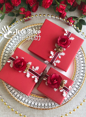 则礼 花朵结婚喜糖盒红色 中国风婚礼糖果盒子礼盒包装免折叠空盒