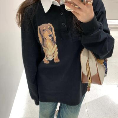 腊肠狗印花长袖宽松卫衣