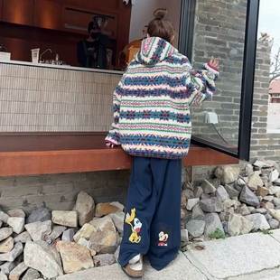 韩单米奇假口袋加绒保暖女卫裤慵懒风直筒口裤宽松休闲百搭长裤