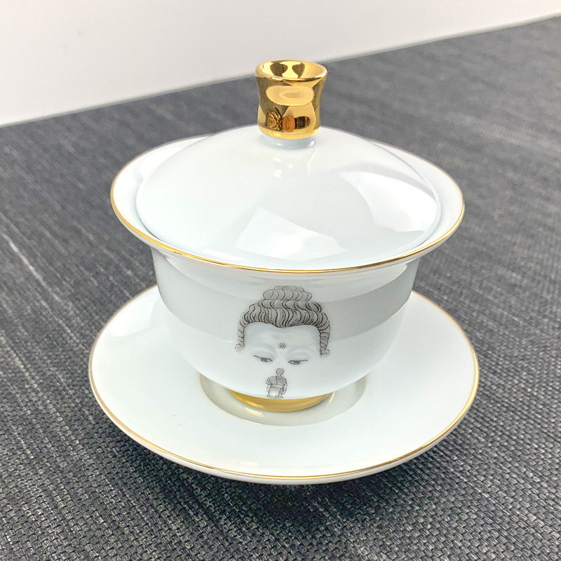 盖碗单个泡茶碗功夫茶具不烫手三才盖碗陶瓷白瓷羊脂玉 手绘描金