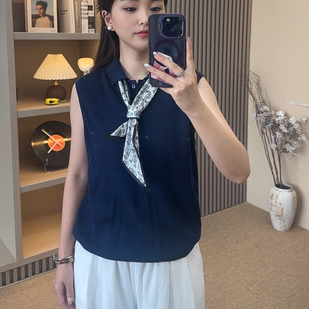 MiniCandy小个子女装店2025新款翻领无袖针织衫背心女显瘦上衣