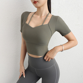 瑜伽上衣带胸垫夏季 女 运动背心紧身露脐晨跑步训练T恤健身房短袖