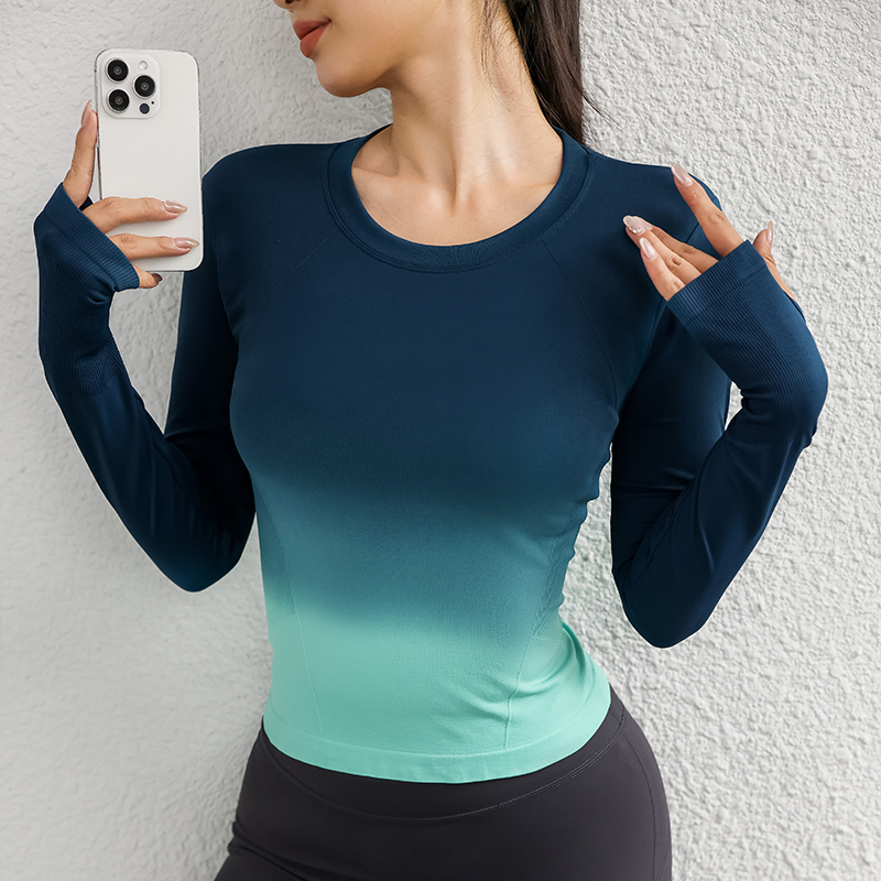 高颜值瑜伽服T恤女渐变色紧身显瘦运动上衣专业跑步训练健身长袖