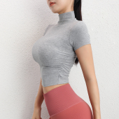 夏季 速干上衣辣妹紧身运动短袖 显瘦纯色瑜伽服半高领短款 正肩美式