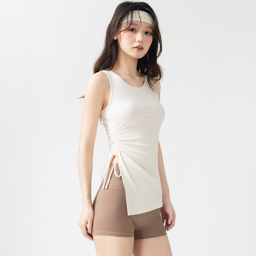 九麦一品无袖圆领瑜伽T恤女抽绳开叉跑步训练普拉提运动健身上衣