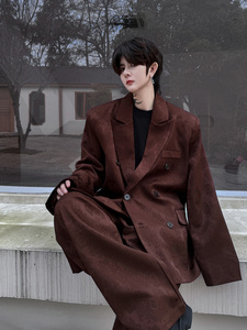 新中式提花黑色西装外套男双排扣西服套装一套休闲裤潮H2091 P200图片