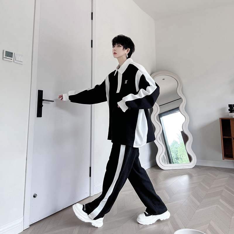 高级感黑白拼接撞色运动长袖套装POLO衫长裤两件套潮H1963P150，男装Polo衫，星座1114（原A254）