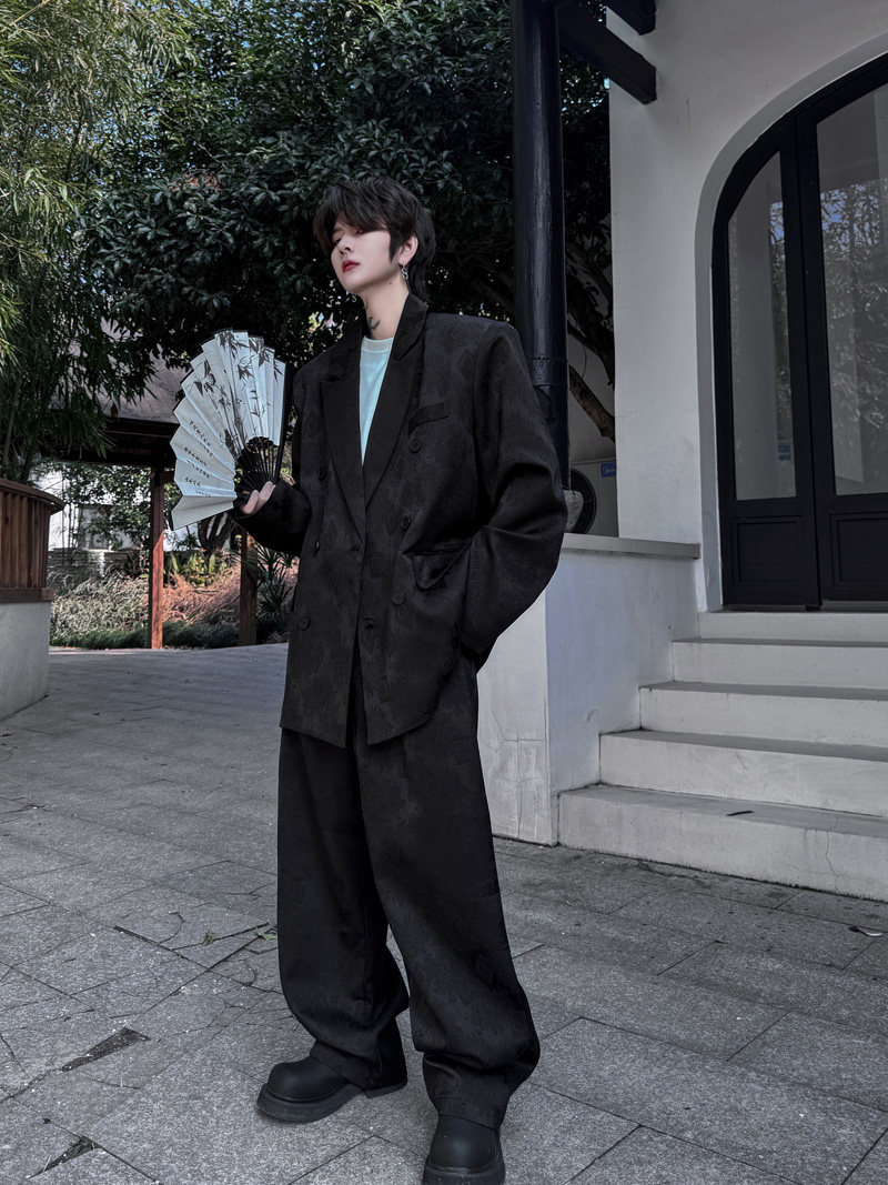 新中式提花黑色西装外套男双排扣西服套装一套休闲裤潮H2091P200,男装西服套装,星座1114（原A254）