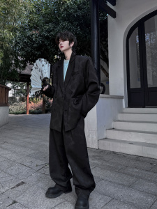 新中式提花黑色西装外套男双排扣西服套装一套休闲裤潮H2091 P200图片