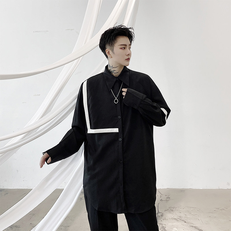 发型师黑色撞色设计感拼皮廓形长袖衬衫男个性衬衣潮流H1111P75,男装衬衫,星座1114（原A254）