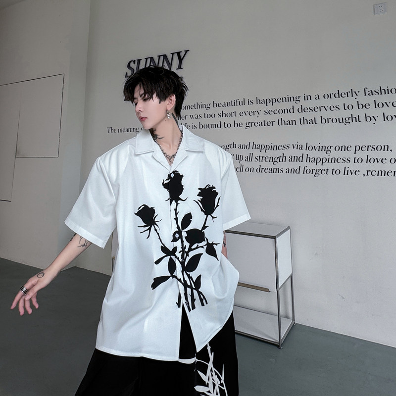 新中式高级感古巴领衬衫男个性印花短袖衬衣流行上衣潮H2138P75,男装衬衫,星座1114（原A254）