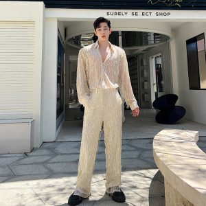 时尚亮片春季纯色免烫休闲裤薄款春夏提花潮秋季流苏蕾丝春秋气质,男装休闲裤,星座1114（原A254）