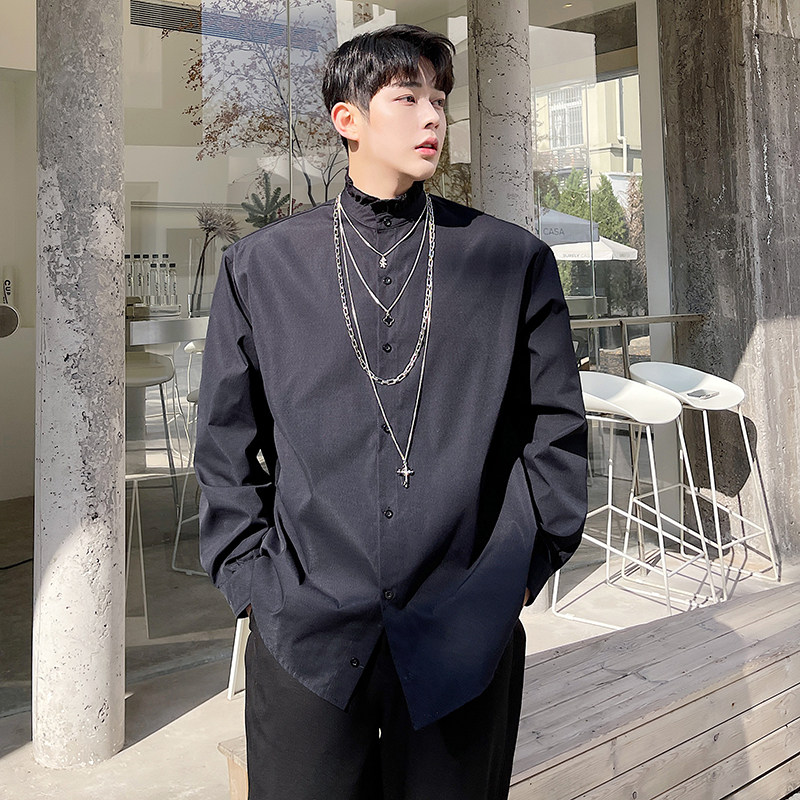 网红设计师小众款长袖衬衣痞帅潮花边立领韩版衬衫H1519P70,男装衬衫,星座1114（原A254）