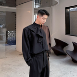 法式气质设计感立领长袖衬衣男宽松发型师衬衫韩版潮牌H2088P75，男装衬衫，电商A254