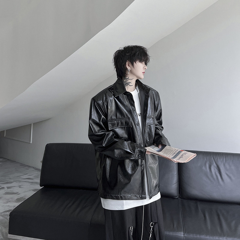 ins痞帅PU皮衬衣男外套宽松休闲衬衫设计高级感上衣潮流H2035P95,男装衬衫,星座1114（原A254）