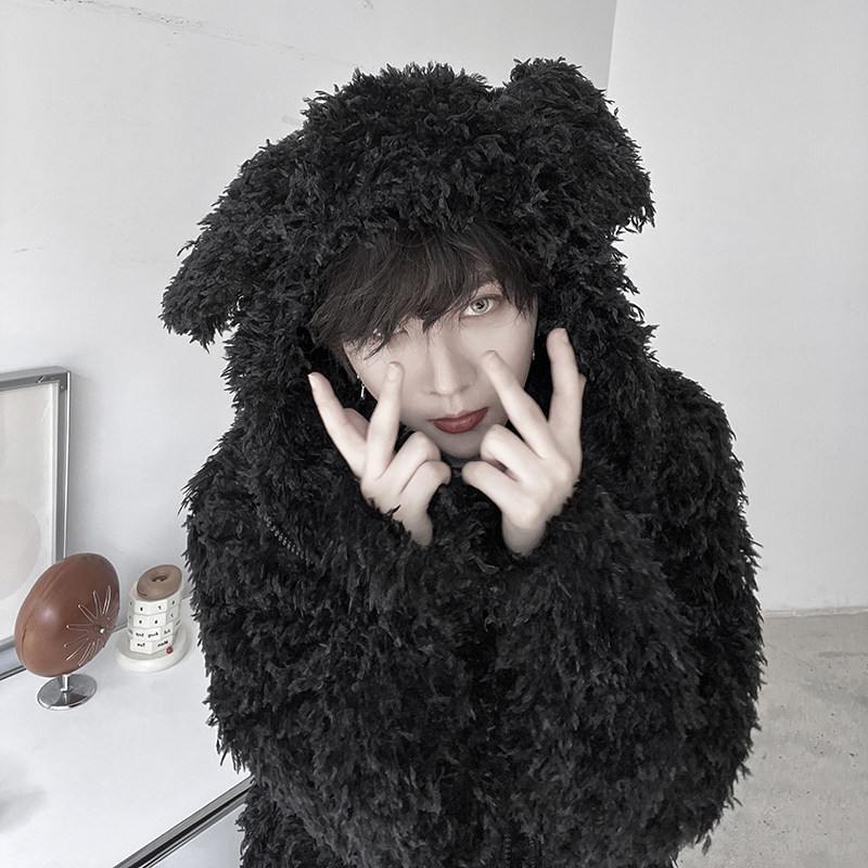 ins网红大连帽短款宽松兔耳朵毛绒绒外套男女同款上衣 H2027 P135图片